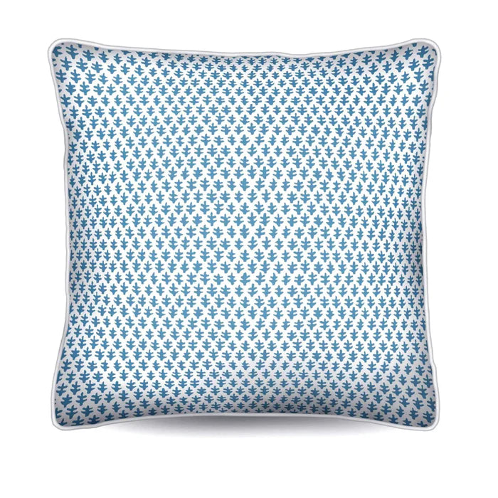 Enhance your space with the Chicken Cushion in premium cotton canvas. Features a cadet blue foulard design with crisp white piping. Get yours!