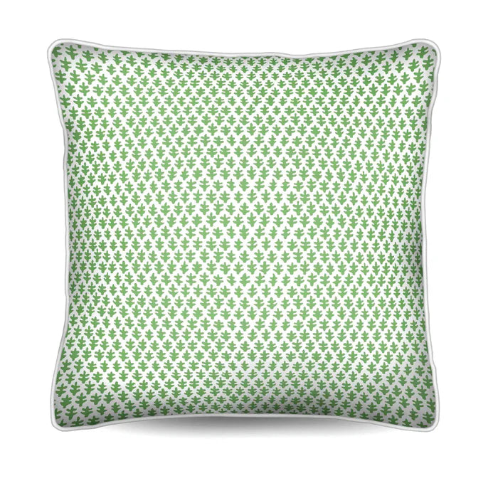 Refresh your home with the Chicken Cushion in premium cotton canvas. Features a parrot green foulard design with white piping. Discover more!
