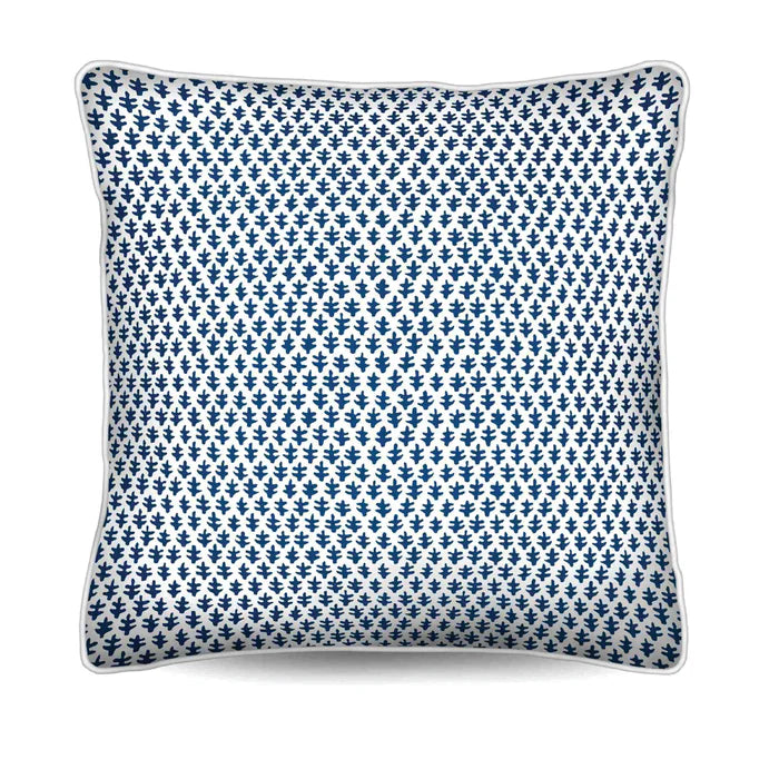 Upgrade your decor with the Chicken Cushion in premium cotton canvas. Features a storm blue foulard design and white piping. Shop the look!