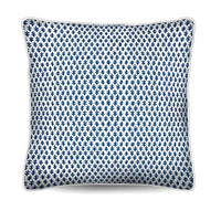 Upgrade your decor with the Chicken Cushion in premium cotton canvas. Features a storm blue foulard design and white piping. Shop the look!
