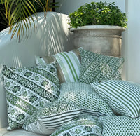 Refresh your space with the Chicken Lumbar Cushion in parrot green foulard. Crafted from lightweight cotton canvas with white piping. Upgrade your home!
