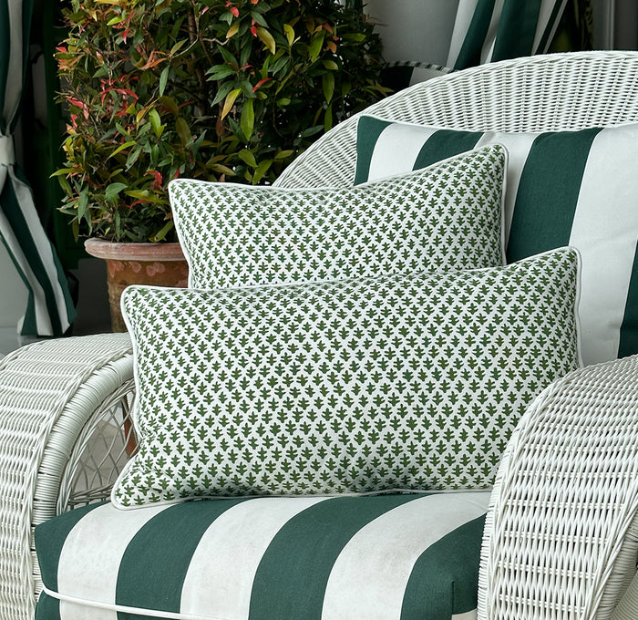 Refresh your home with the Chicken Cushion in premium cotton canvas. Features a parrot green foulard design with white piping. Discover more!