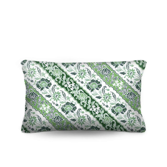 Bring an exotic island feel to your home with the Sumatra Lumbar Cushion. Features a green and white diagonal Batik reversing to crisp ticking. Discover now!