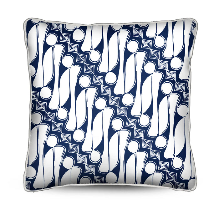 Add a relaxed coastal touch to your space with the Sulawesi Cushion. Features a white diagonal Batik on storm blue cotton canvas. Shop now! 