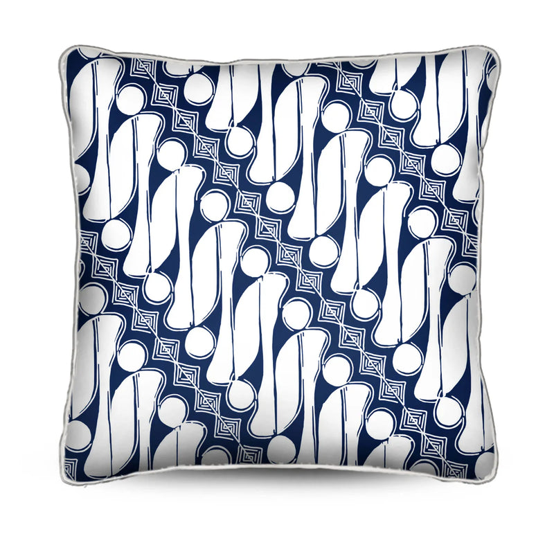 Add a relaxed coastal touch to your space with the Sulawesi Cushion. Features a white diagonal Batik on storm blue cotton canvas. Shop now! 