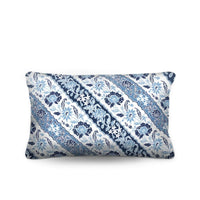 Add a relaxed coastal touch with the Sumatra Lumbar Cushion. Features an exotic diagonal Batik reversing to navy and white ticking. Shop the collection!
