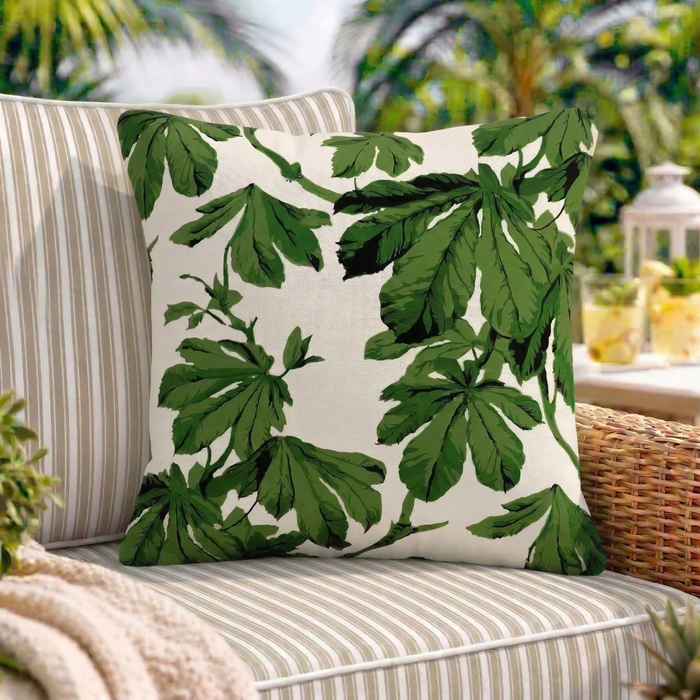 Bring nature indoors with the Savanna Leaf Cushion. Features verdant chestnut leaves on ivory cotton, reversing to Hickory Ticking. Shop the look now!