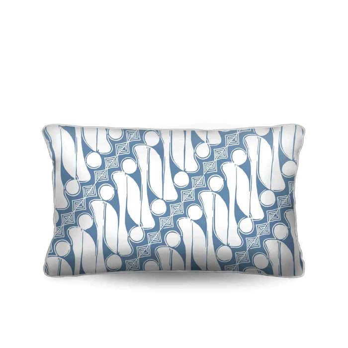 Elevate your sofa or bed with the island-inspired Sulawesi Lumbar Cushion. Features a white Batik on cadet blue cotton canvas. Upgrade today!