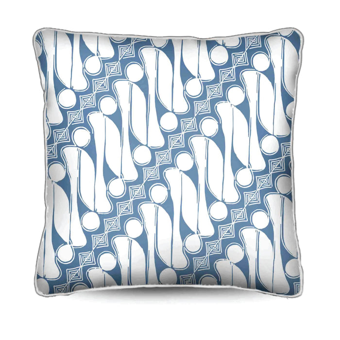 Add a relaxed coastal touch to your space with the Sulawesi Cushion. Features a white diagonal Batik on cadet blue cotton canvas. Buy today!