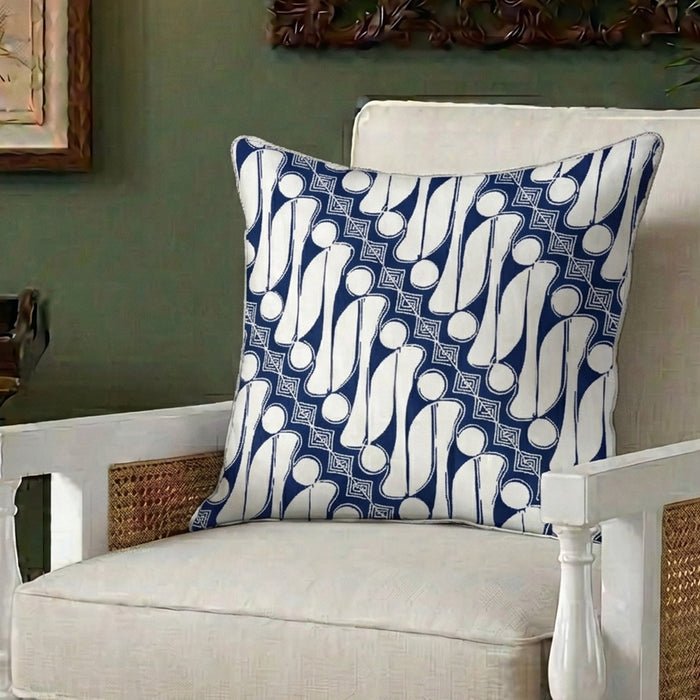 Add a relaxed coastal touch to your space with the Sulawesi Cushion. Features a white diagonal Batik on storm blue cotton canvas. Shop now! 