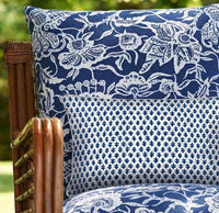 Elevate your decor with the Chicken Lumbar Cushion in lightweight cotton canvas. Features a storm blue foulard design with white piping. Shop the look!
