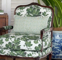 Refresh your space with the Chicken Lumbar Cushion in parrot green foulard. Crafted from lightweight cotton canvas with white piping. Upgrade your home!