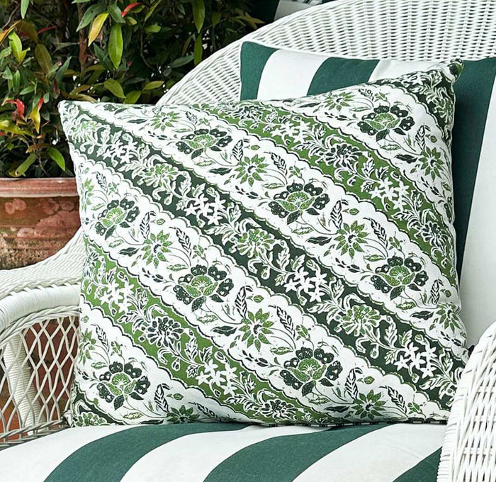 Add a touch of island-inspired style with the Sumatra Cushion. Features a green and white diagonal Batik reversing to crisp ticking. Explore now!