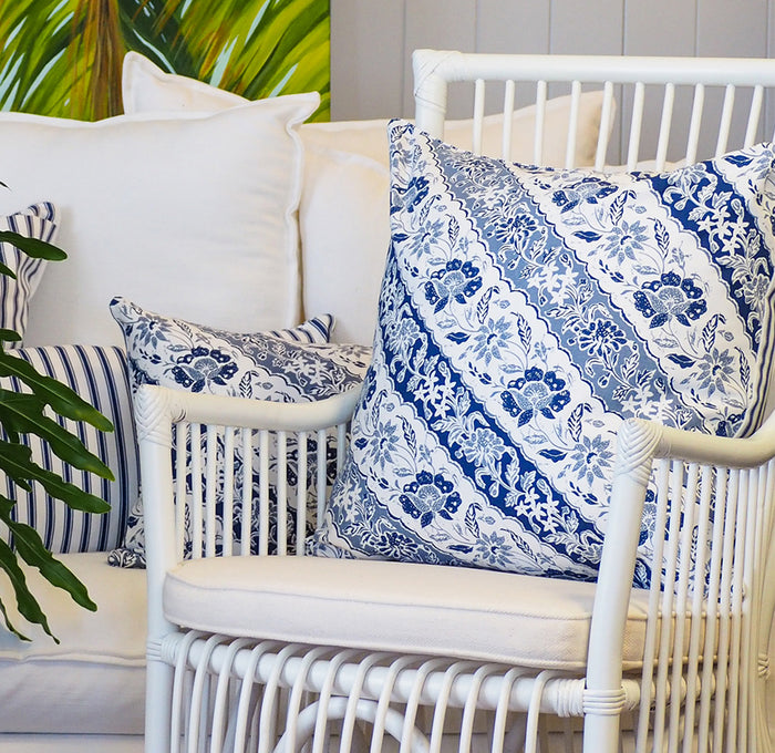 Elevate your home with the exotic Sumatra Cushion. Features a blue and white diagonal Batik reversing to classic ticking. Explore the range today!