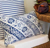 Add a relaxed coastal touch with the Sumatra Lumbar Cushion. Features an exotic diagonal Batik reversing to navy and white ticking. Shop the collection!