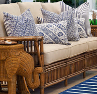 Add a relaxed coastal touch with the Sumatra Lumbar Cushion. Features an exotic diagonal Batik reversing to navy and white ticking. Shop the collection!