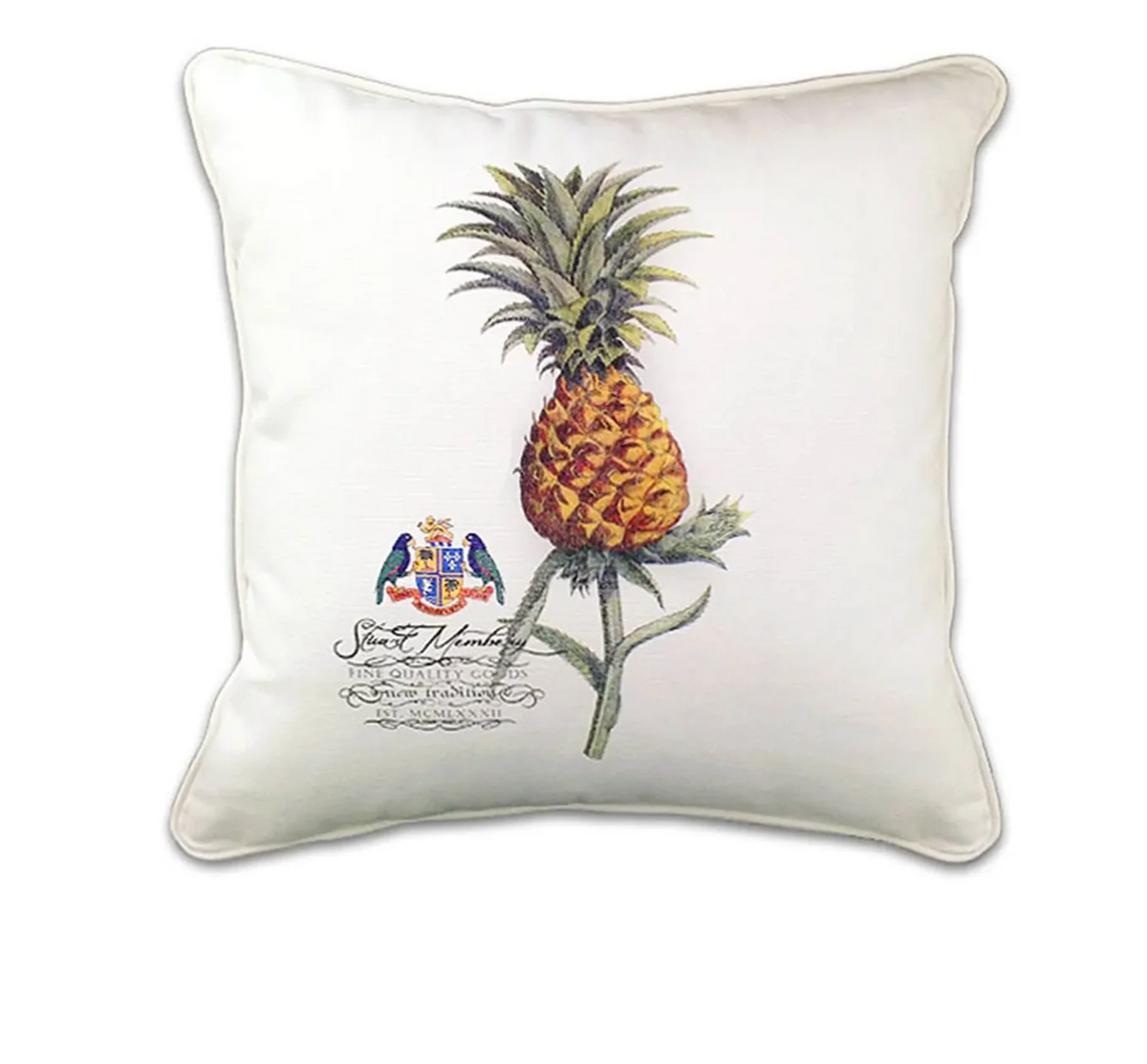 Botanical pineapple artwork on cotton with white piping. From the Stuart Membery Grand Bahamas Collection