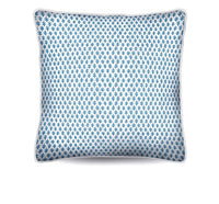 Enhance your space with the Chicken Cushion in premium cotton canvas. Features a cadet blue foulard design with crisp white piping. Get yours!