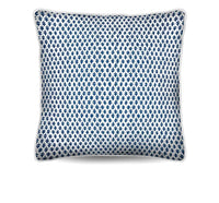 Upgrade your decor with the Chicken Cushion in premium cotton canvas. Features a storm blue foulard design and white piping. Shop the look!