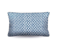 Elevate your decor with the Chicken Lumbar Cushion in lightweight cotton canvas. Features a storm blue foulard design with white piping. Shop the look!