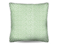 Refresh your home with the Chicken Cushion in premium cotton canvas. Features a parrot green foulard design with white piping. Discover more!